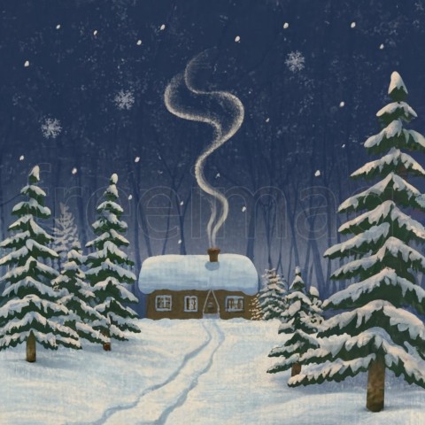 Ilustración, Copos de nieve, árboles cubiertos de nieve en un bosque  Una cabaña al fondo, humo saliendo de la chimenea