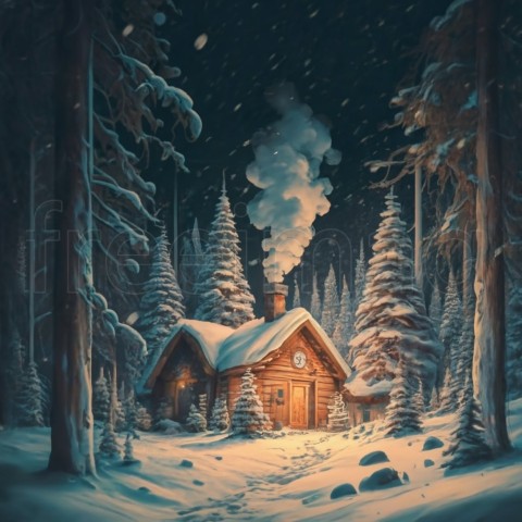 Ilustración, Copos de nieve, árboles cubiertos de nieve en un bosque  Una cabaña al fondo, humo saliendo de la chimenea