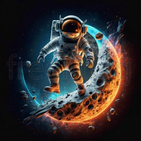 Astronauta saltando en patineta sobre la luna, fondo negro