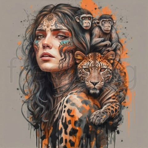 Un diseño de camiseta atrevido y abstracto que presenta un retrato de una mujer tatuada con animales que cobran vida  mono trepando sobre los hombros  leopardo mirando por encima del otro hombro