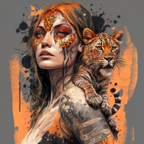 Un diseño de camiseta atrevido y abstracto que presenta un retrato de una mujer tatuada con animales que cobran vida  mono trepando sobre los hombros  leopardo mirando por encima del otro hombro