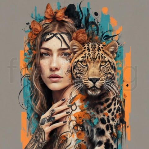 Un diseño de camiseta atrevido y abstracto que presenta un retrato de una mujer tatuada con animales que cobran vida  mono trepando sobre los hombros  leopardo mirando por encima del otro hombro