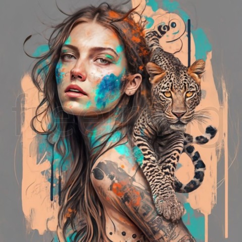 Un diseño de camiseta atrevido y abstracto que presenta un retrato de una mujer tatuada con animales que cobran vida  mono trepando sobre los hombros  leopardo mirando por encima del otro hombro