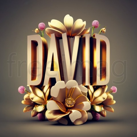 Imagen con el Texto David en oro, fuente elegante, brillante, majestuosa, con algunas flores y diamantes