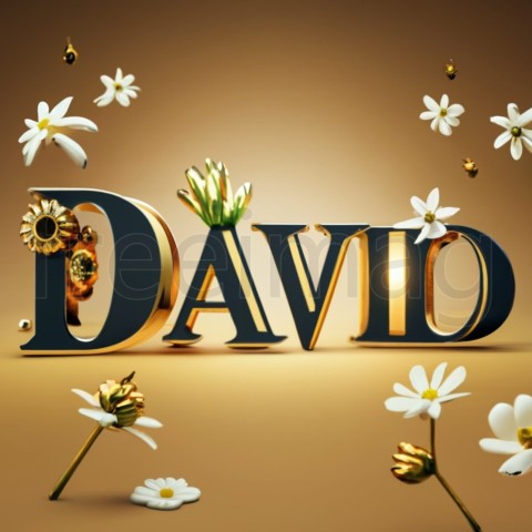 Imagen con el Texto David en oro, fuente elegante, brillante, majestuosa, con algunas flores y diamantes