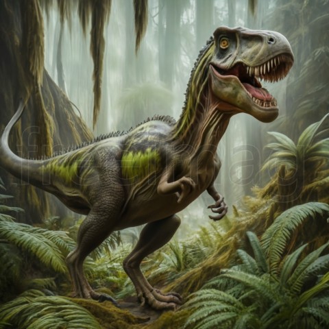 Dinosaurio  t rex  selva helechos árboles realista musgo foto frontal niebla palmas