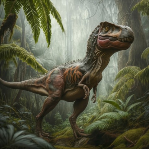 Dinosaurio  t rex  selva helechos árboles realista musgo foto frontal niebla palmas