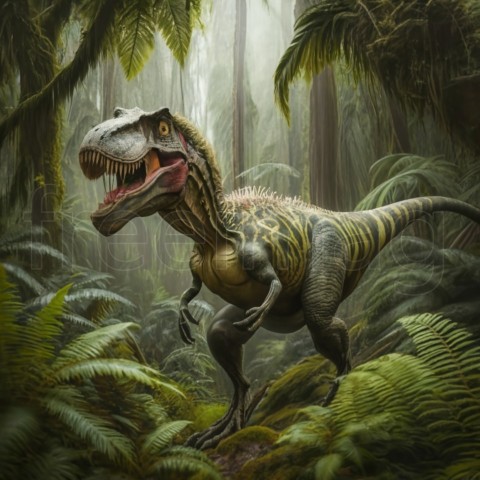 Dinosaurio  t rex  selva helechos árboles realista musgo foto frontal niebla palmas