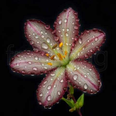 Una hermosa flor exótica en una rama de color marrón oscuro con gotas de agua