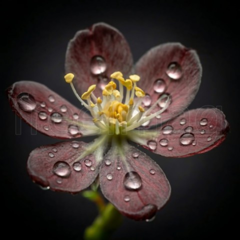 Una hermosa flor exótica en una rama de color marrón oscuro con gotas de agua