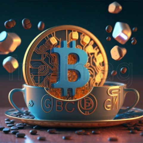 Taza de café ilustrada con letras bitcoin y GM