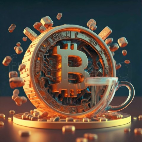 Taza de café ilustrada con letras bitcoin y GM