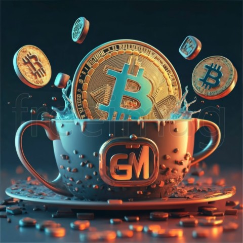 Taza de café ilustrada con letras bitcoin y GM