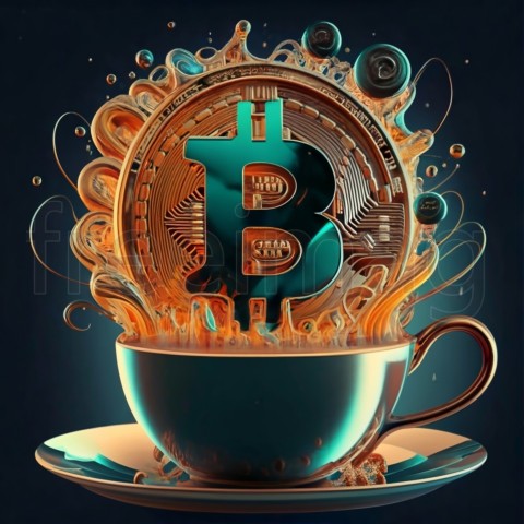 Taza de café ilustrada con letras bitcoin y GM