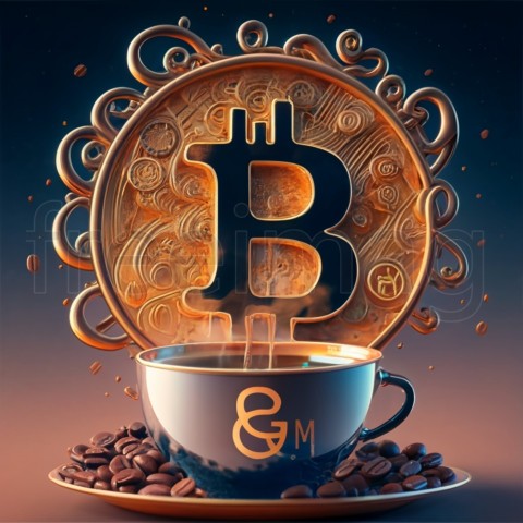 Taza de café ilustrada con letras bitcoin y GM