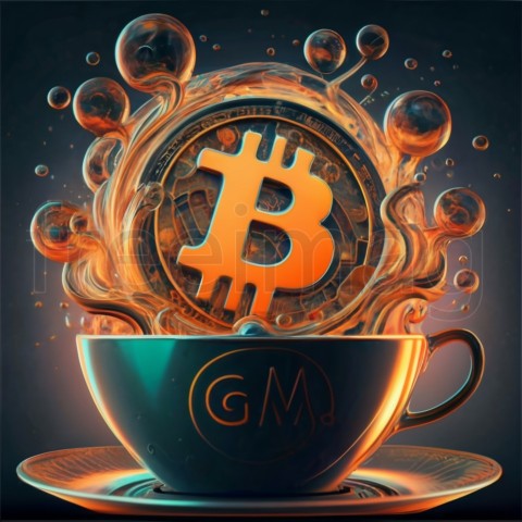 Taza de café ilustrada con letras bitcoin y GM