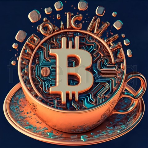 Taza de café ilustrada con letras bitcoin y GM