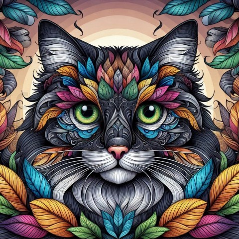 Ilustración colorida de un gato rodeado de hojas fondo rosa