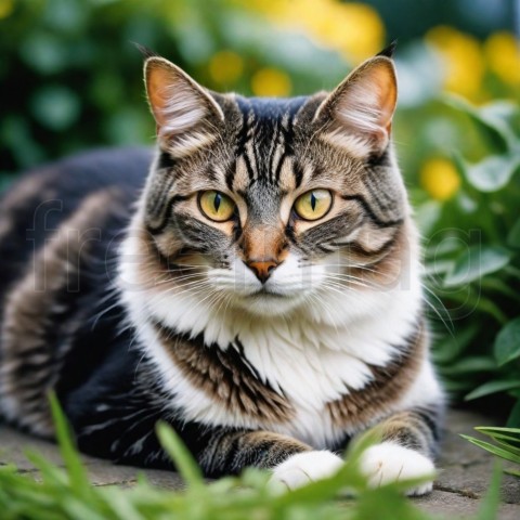 Un gato con un patrón de pelaje único blanco, negro y gris