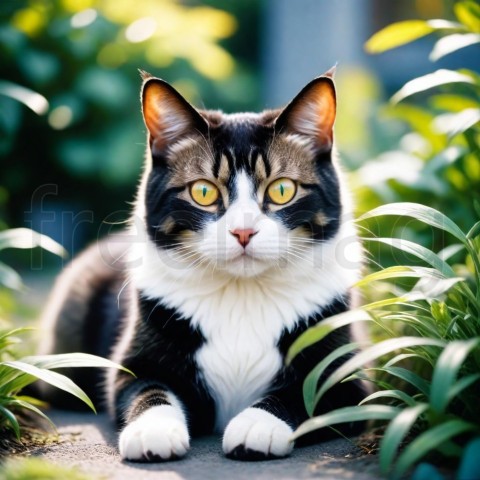 Un gato ojos amarillos con un patrón de pelaje único blanco y negro