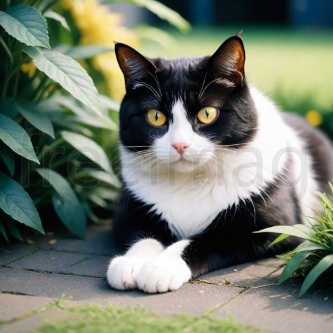 Un gato ojos amarillos con un patrón de pelaje único blanco y negro