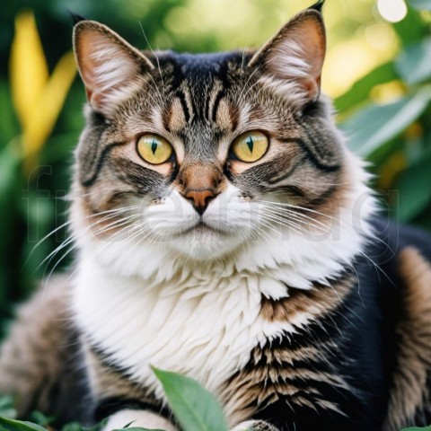 Un gato con un patrón de pelaje único blanco, gris y negro