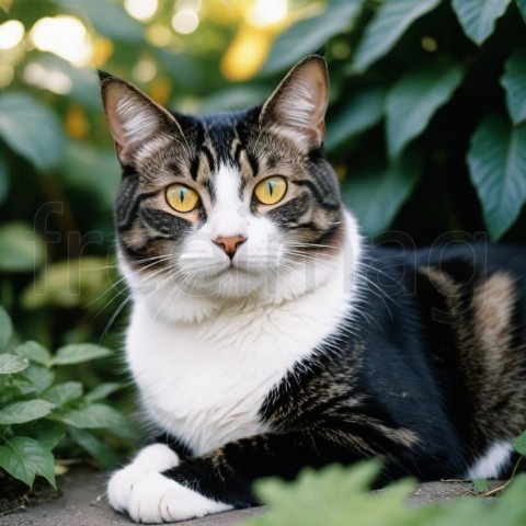 Un gato con un patrón de pelaje único blanco y negro, gris