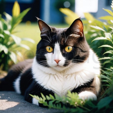 Un gato con ojos amarillo con un patrón de pelaje único blanco y negro