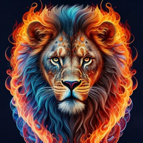 Un león colorido con fuego en la cara fondo de pantalla, Generado Ai