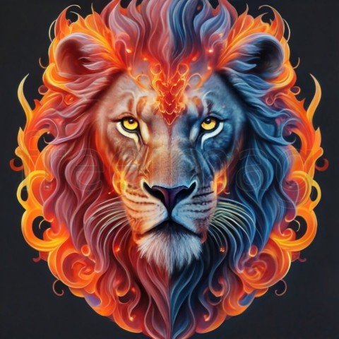 Un león colorido con fuego en la cara fondo de pantalla, Generado Ai