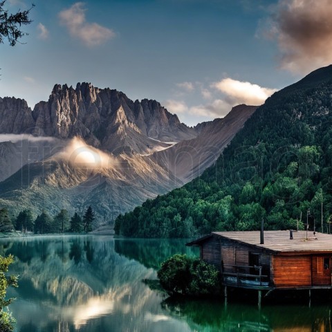 Imagen de Montañas, Lago y Casa