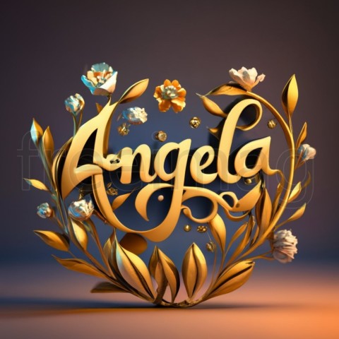 Imagen con el Texto Angela en oro, fuente elegante, brillante, majestuosa, con algunas flores y diamantes