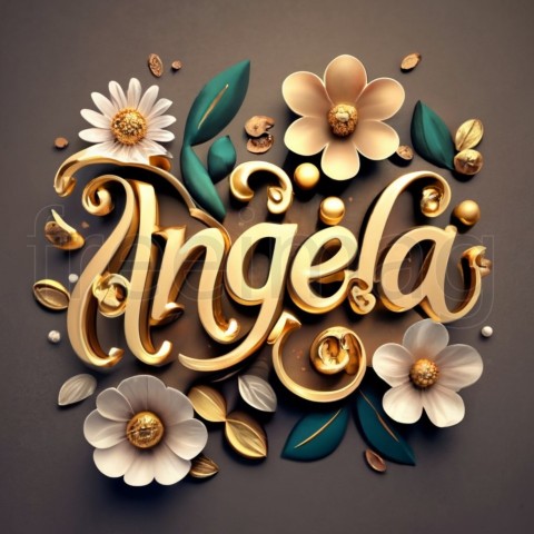 Imagen con el Texto Angela en oro, fuente elegante, brillante, majestuosa, con algunas flores y diamantes