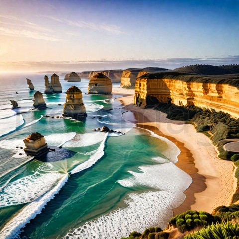 Ilustracion Puesta de sol sobre los doce apóstoles, a lo largo de la famosa Great Ocean Road en Victoria, Australia, cerca de Port Campbell