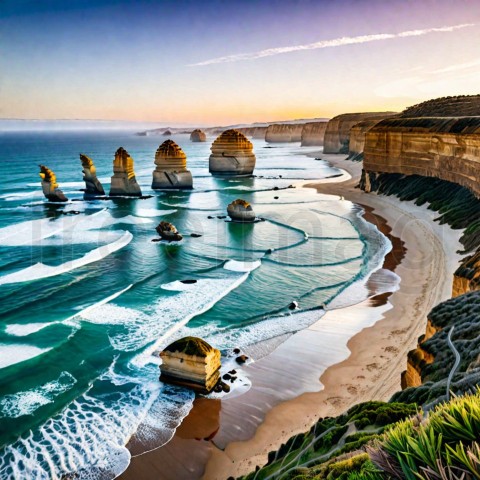 Ilustracion Puesta de sol sobre los doce apóstoles, a lo largo de la famosa Great Ocean Road en Victoria, Australia, cerca de Port Campbell