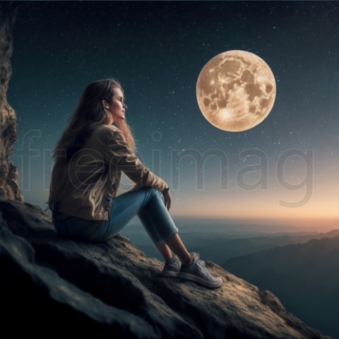 Una hermosa niña sentada mirando la luna y cielo nocturno