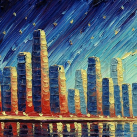 Pintura de colores brillantes y vibrantes de la ciudad nocturna, pintura al óleo arte impresionista moderno