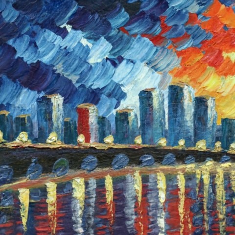 Pintura de colores brillantes y vibrantes de la ciudad nocturna, pintura al óleo arte impresionista moderno