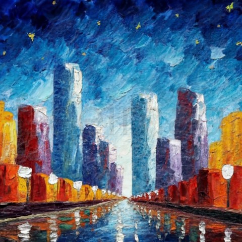 Pintura de colores brillantes y vibrantes de la ciudad nocturna, pintura al óleo arte impresionista moderno