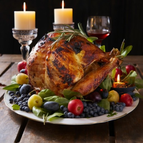 Un plato con carne y frutas ambiente con candelas y vino romántico