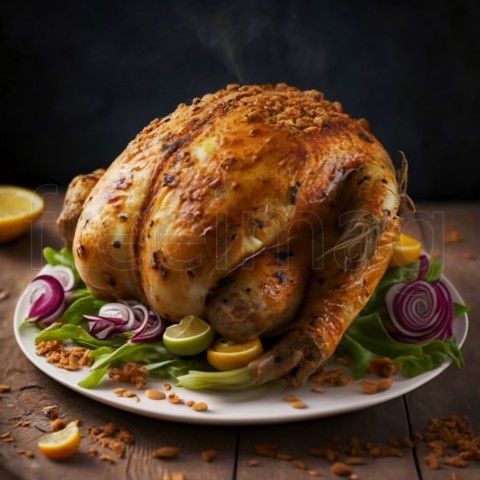 Un plato de pollo asado sazonado con hierbas y verduras