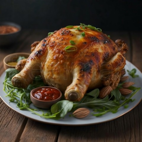 Un plato de pollo asado sazonado con hierbas y verduras