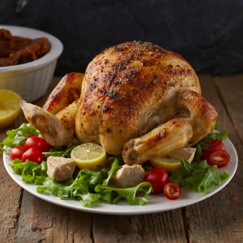 Un plato de pollo asado sazonado con hierbas y verduras