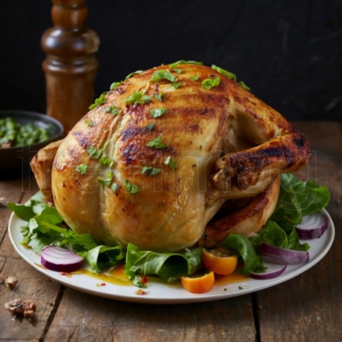 Un plato de pollo asado sazonado con hierbas y verduras