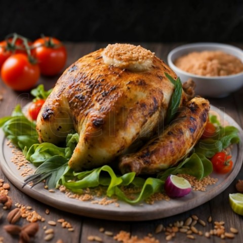 Un plato de pollo asado sazonado con hierbas y verduras