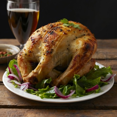 Un plato de pollo asado sazonado con hierbas y verduras