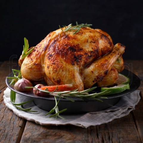 Un plato de pollo asado sazonado con hierbas y verduras