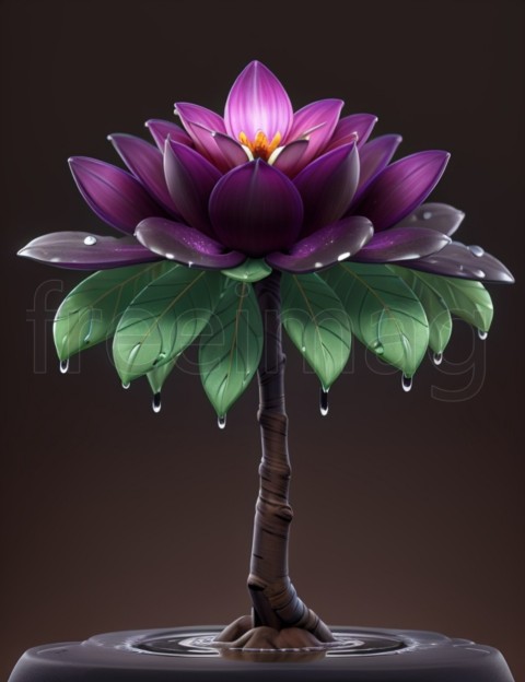 Hermosa flor exótica en una rama de color marrón oscuro con gotas de agua  Imagen 3D