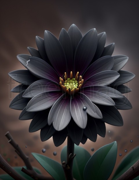 Hermosa flor exótica en una rama de color marrón oscuro con gotas de agua  Imagen 3D